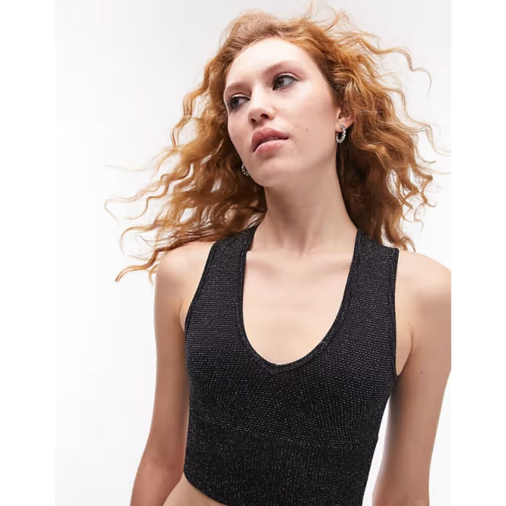 Topshop Seamless Metallic V Neck Top in Silver